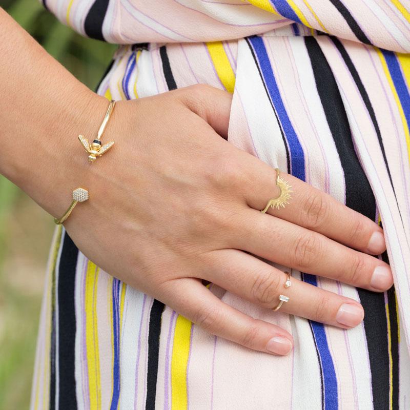 "BEE Mine!" 14 Karat Gold Plated and Signity CZ Bee Flex Cuff - Joyeria Lady