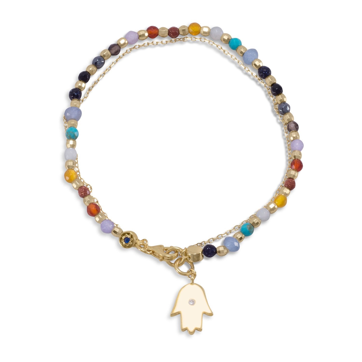 Double Strand 14 Karat Gold Plated Multistone Bracelet with Hamsa Charm - Joyeria Lady