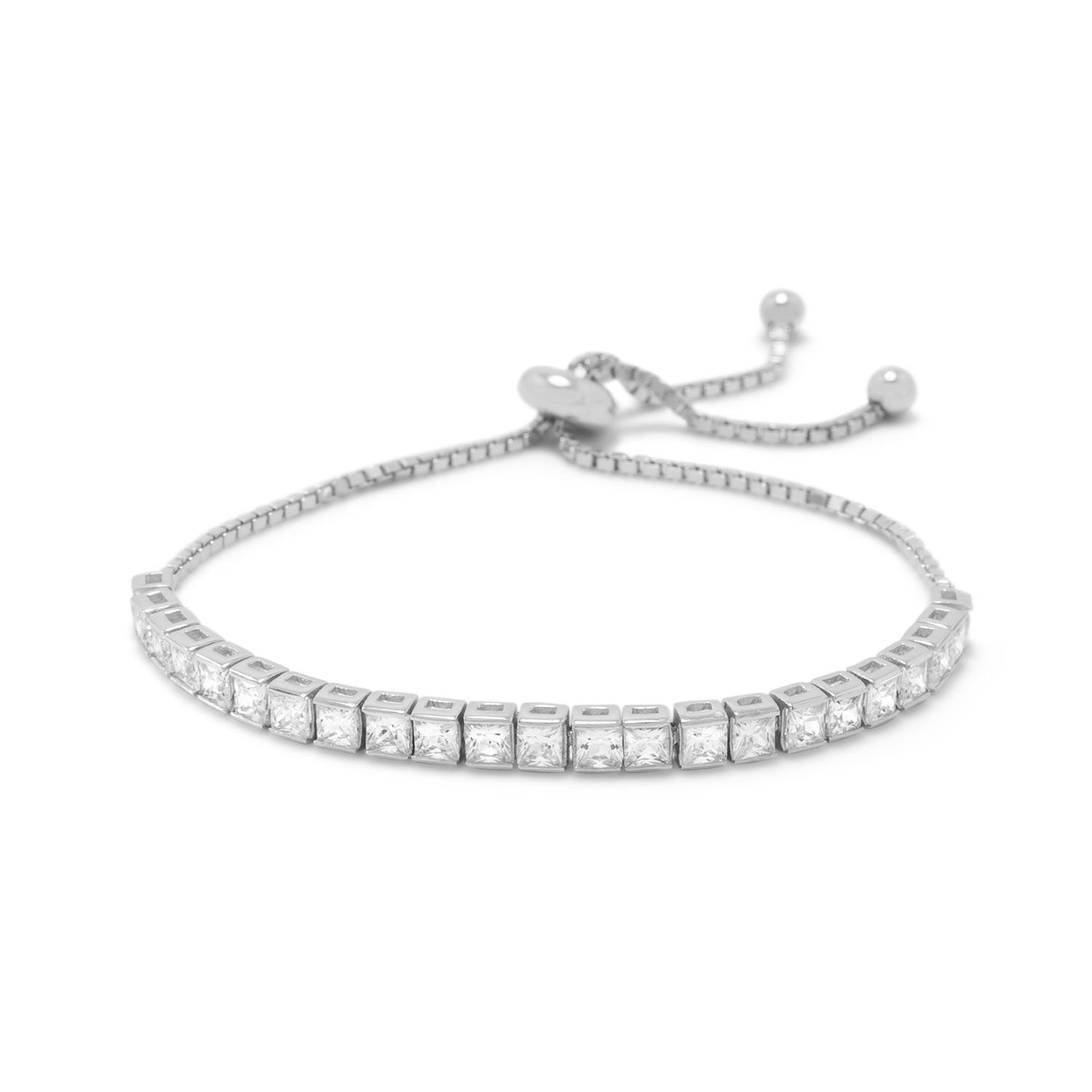 Rhodium Plated Square CZ Friendship Bolo Bracelet - Joyeria Lady