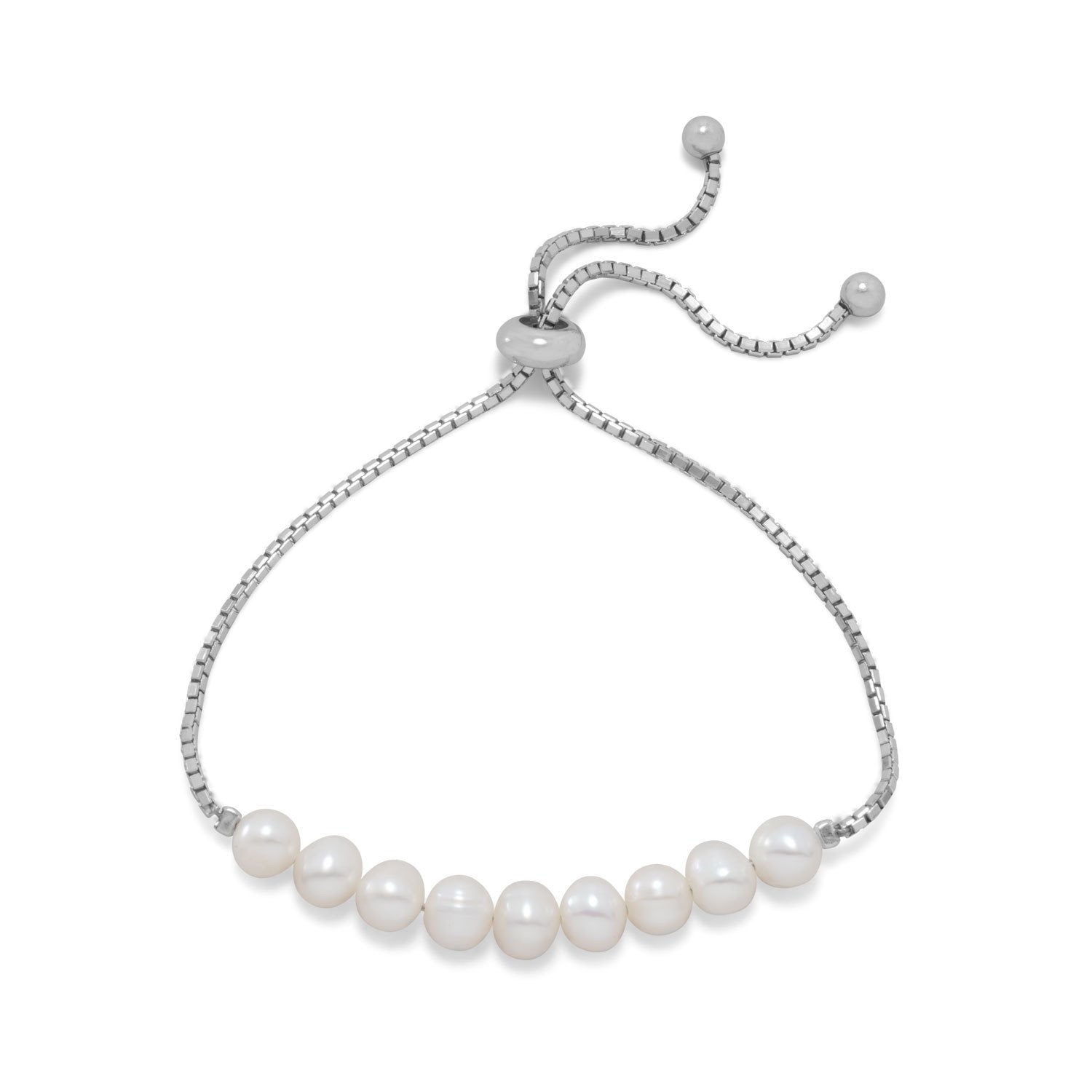 Rhodium Plated Cultured Freshwater Pearl Bolo Bracelet - Joyeria Lady