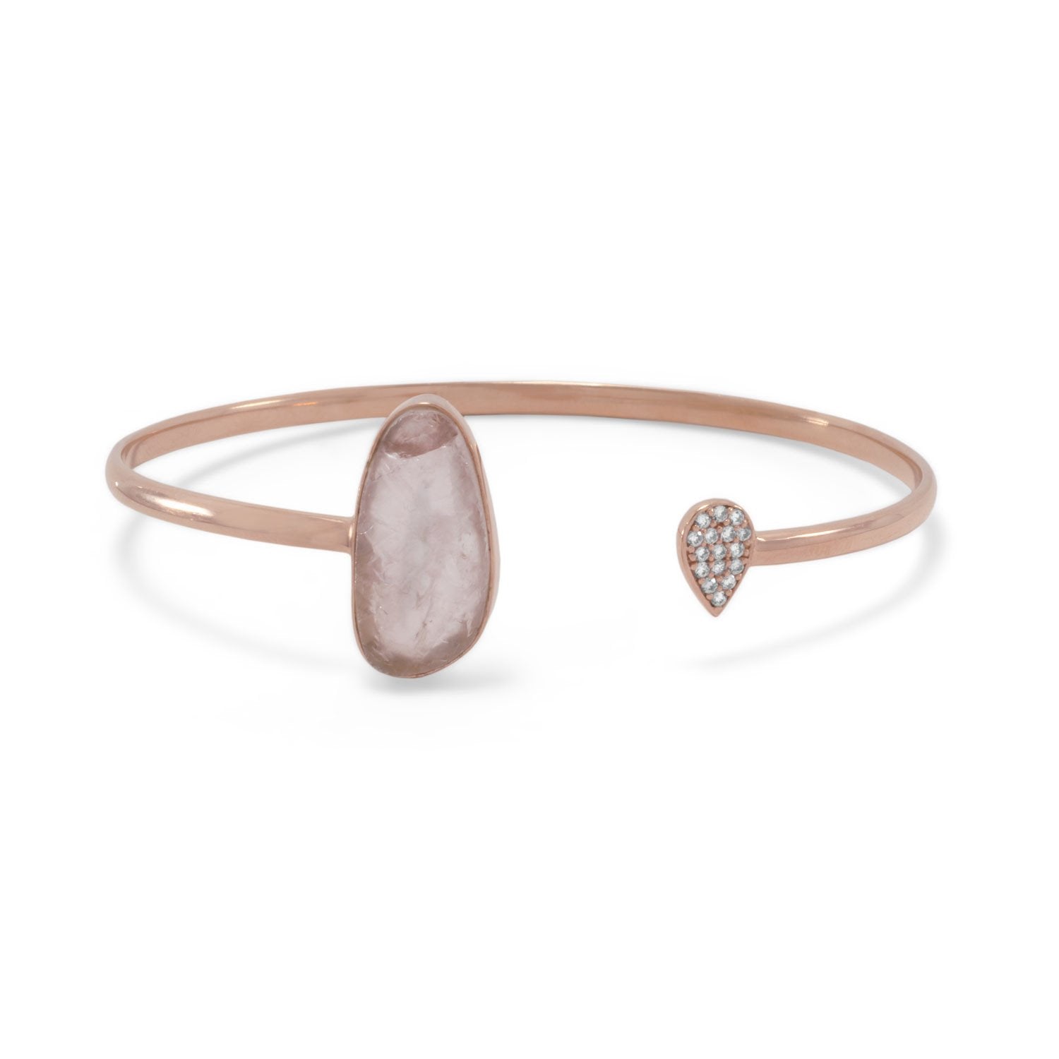 14 Karat Rose Gold Plated Rose Quartz and CZ Open Cuff Bracelet - Joyeria Lady
