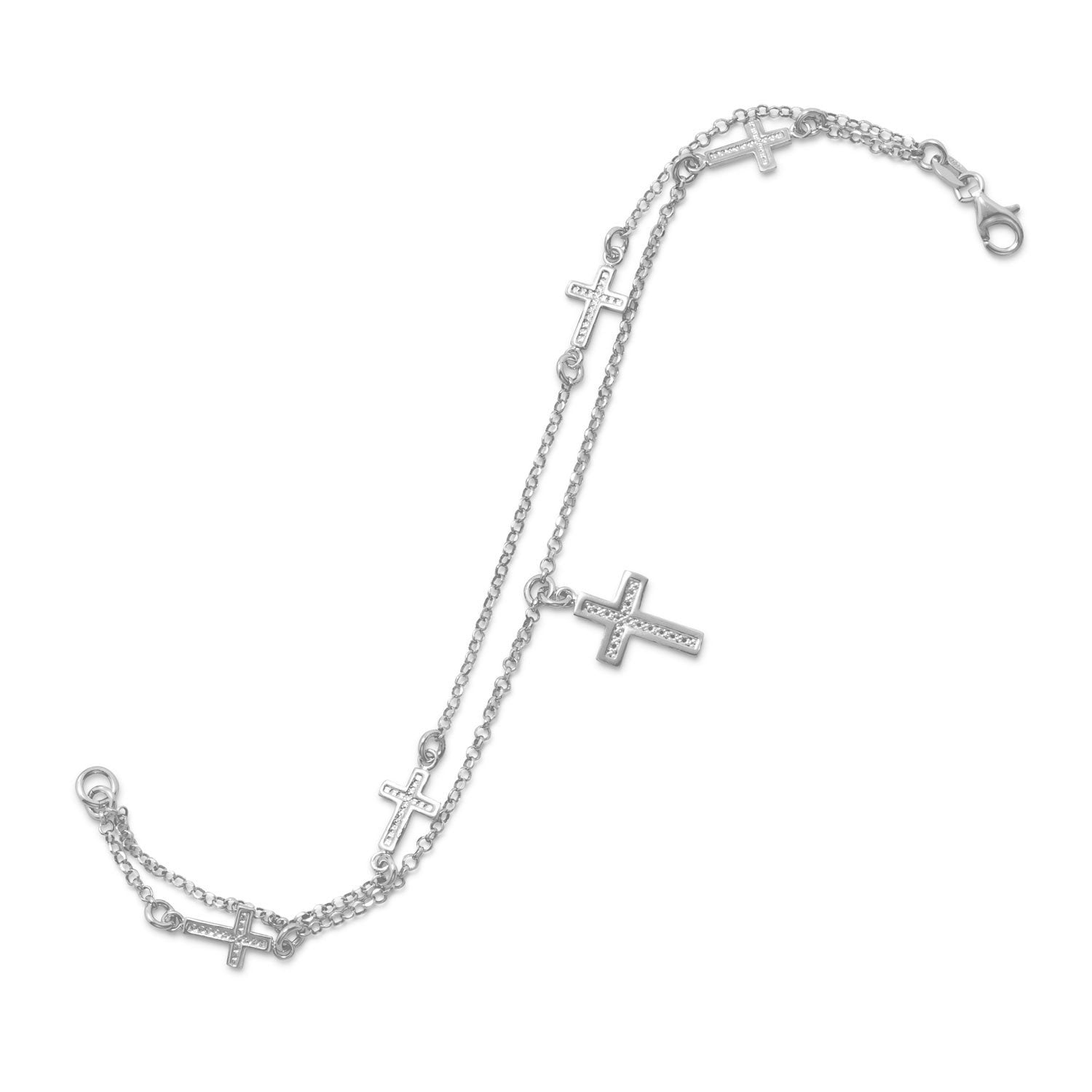 Rhodium Plated Double Strand Cross Charm Bracelet - Joyeria Lady