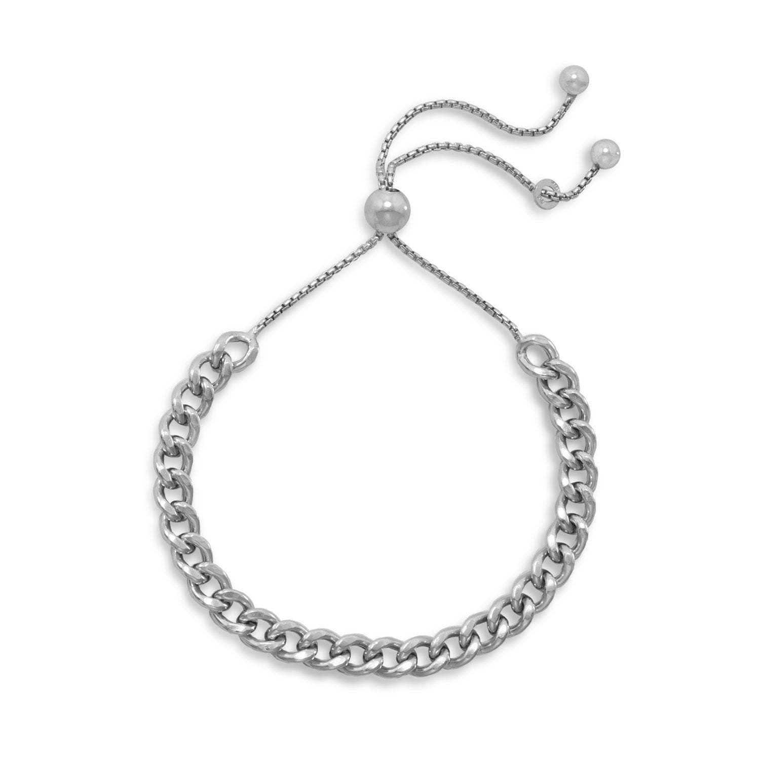 Rhodium Plated Curb Chain Bolo Bracelet - Joyeria Lady