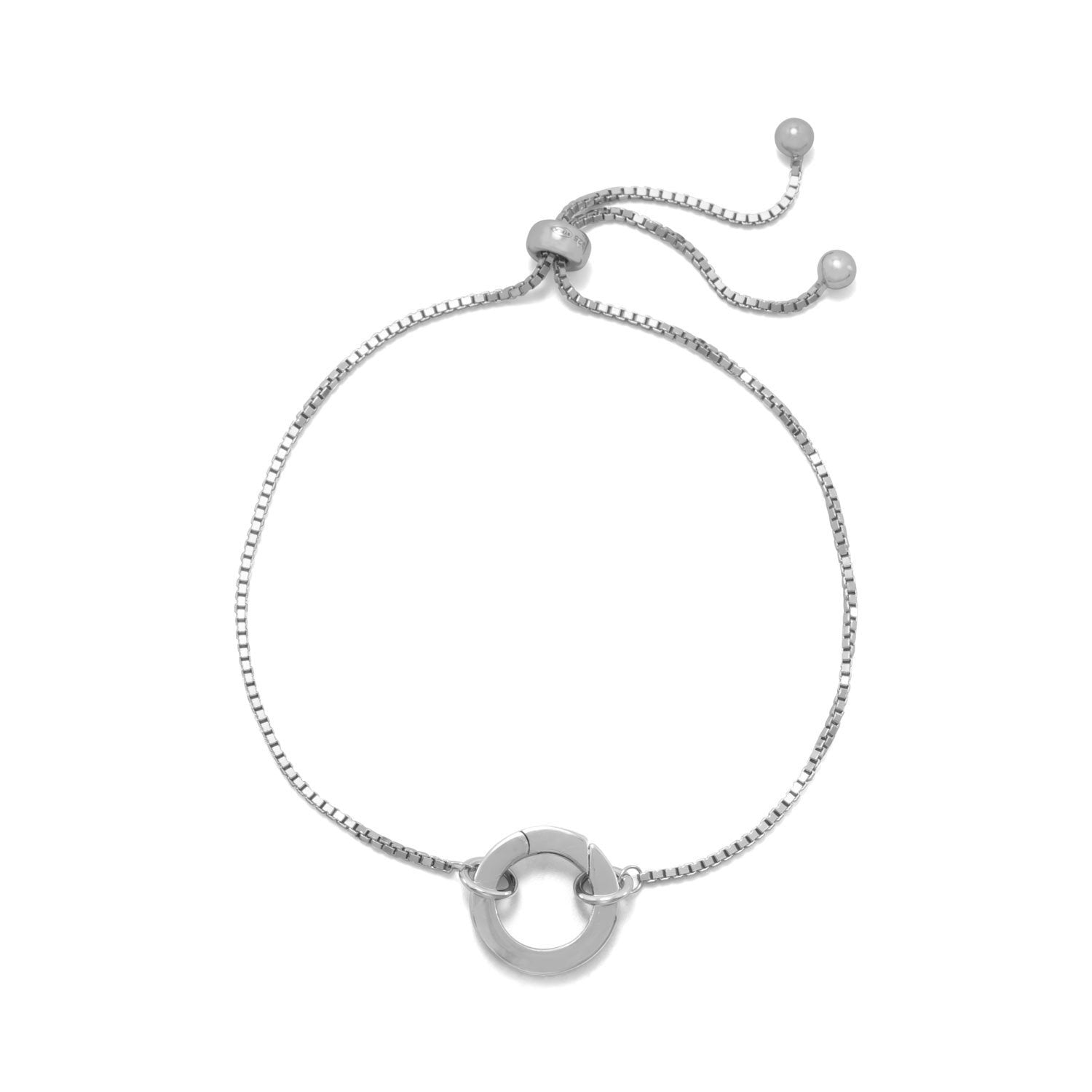 Rhodium Plated Adjustable Circle Hinge Charm Capable Bolo Bracelet - Joyeria Lady