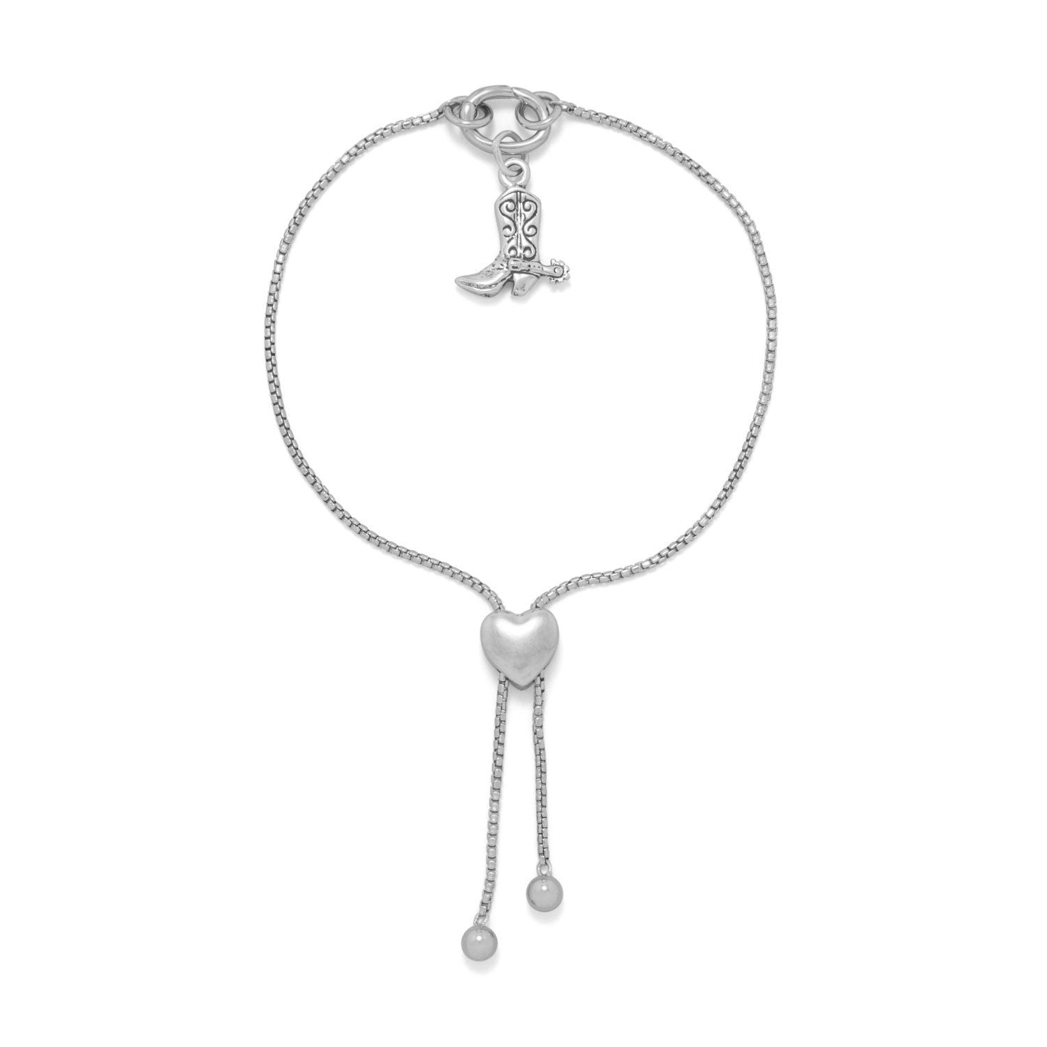 Rhodium Plated Adaptable Heart Box Chain Bolo Bracelet - Joyeria Lady