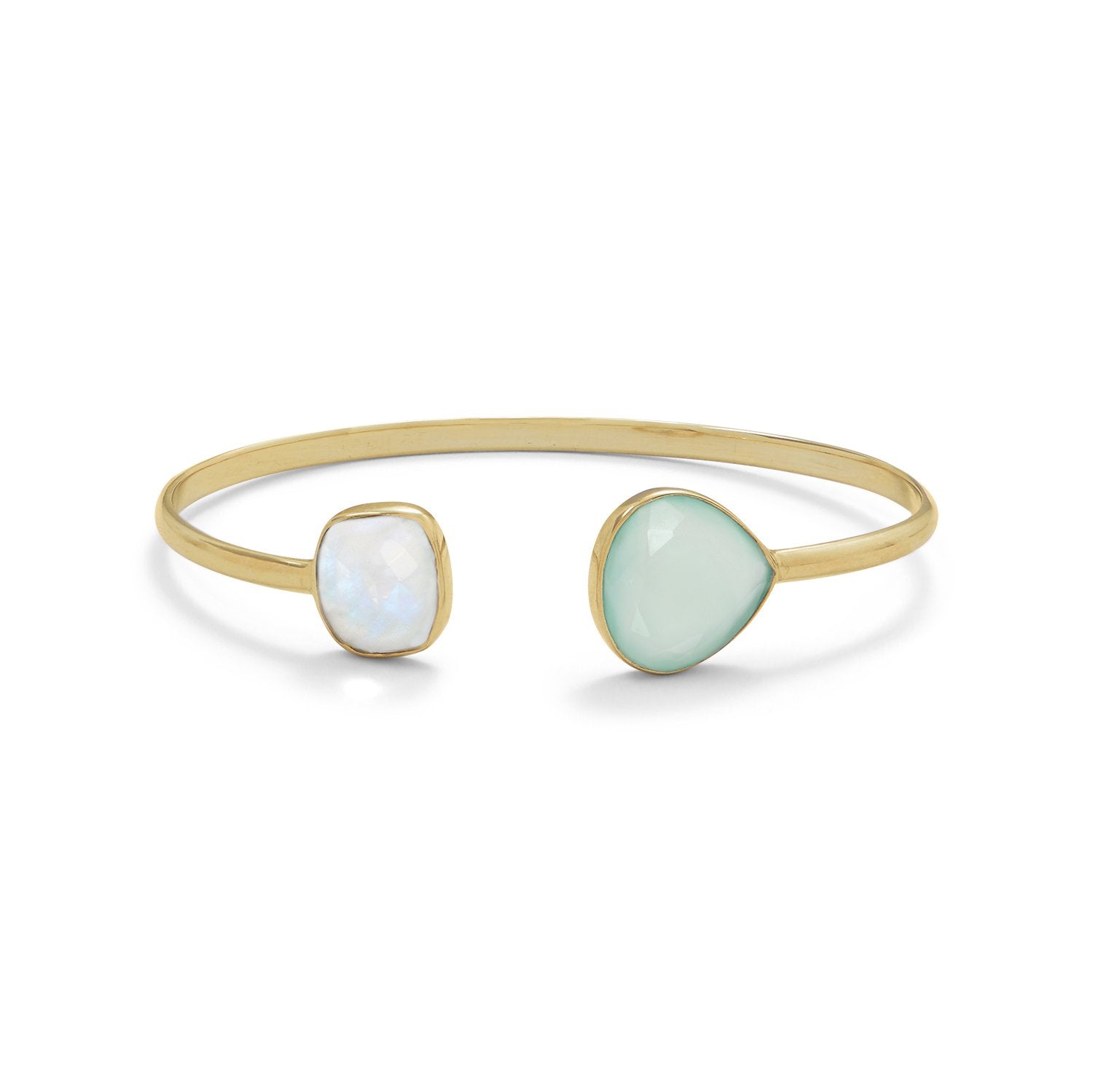 14 Karat Gold Plated Rainbow Moonstone and Green Chalcedony Split Bangle - Joyeria Lady