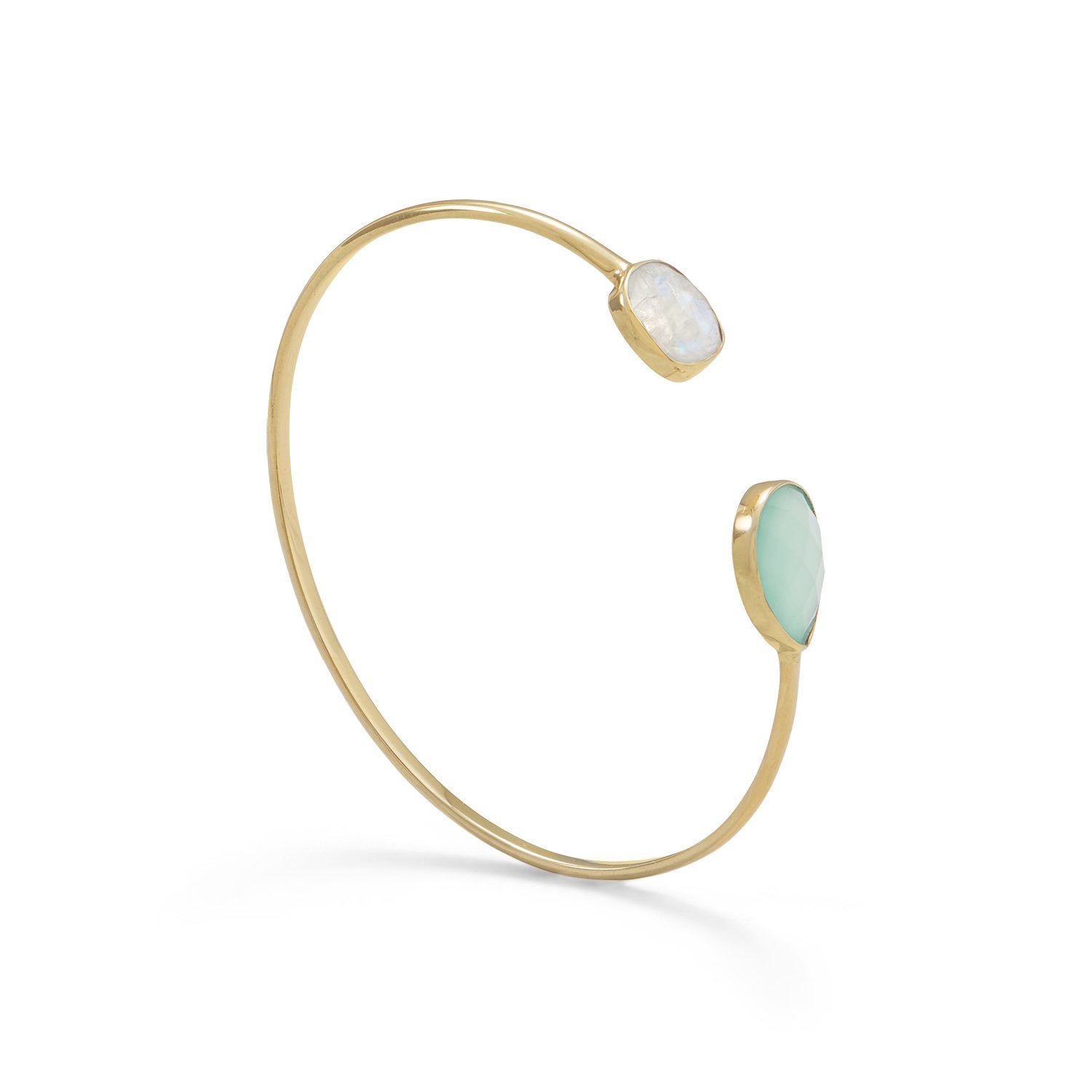 14 Karat Gold Plated Rainbow Moonstone and Green Chalcedony Split Bangle - Joyeria Lady