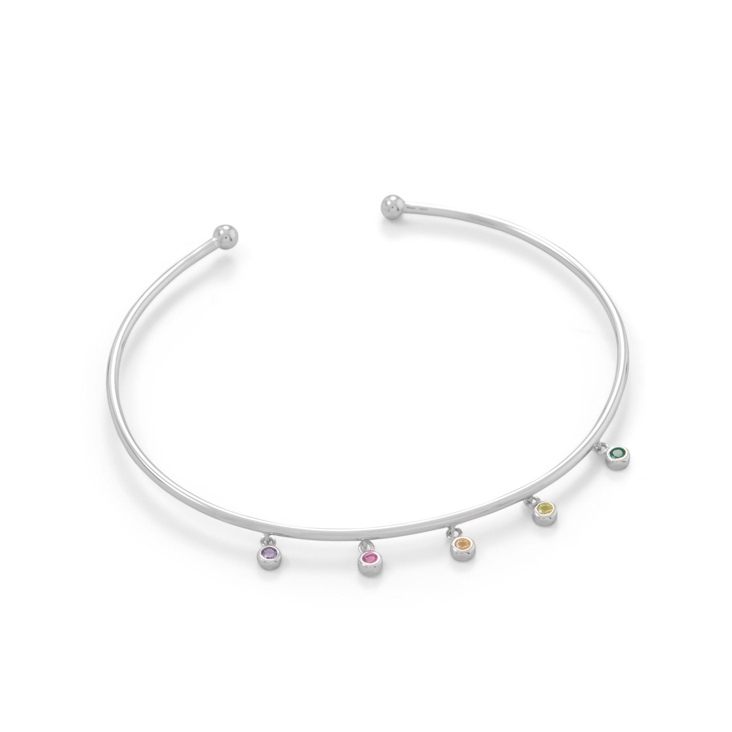 Rhodium Plated Flex Cuff with Multi Color CZ's - Joyeria Lady