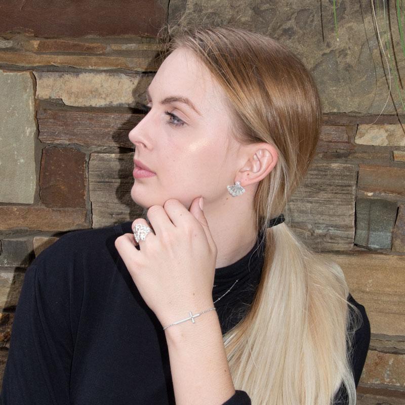 Rhodium Plated Sideways Cross Bolo Bracelet with Diamond - Joyeria Lady