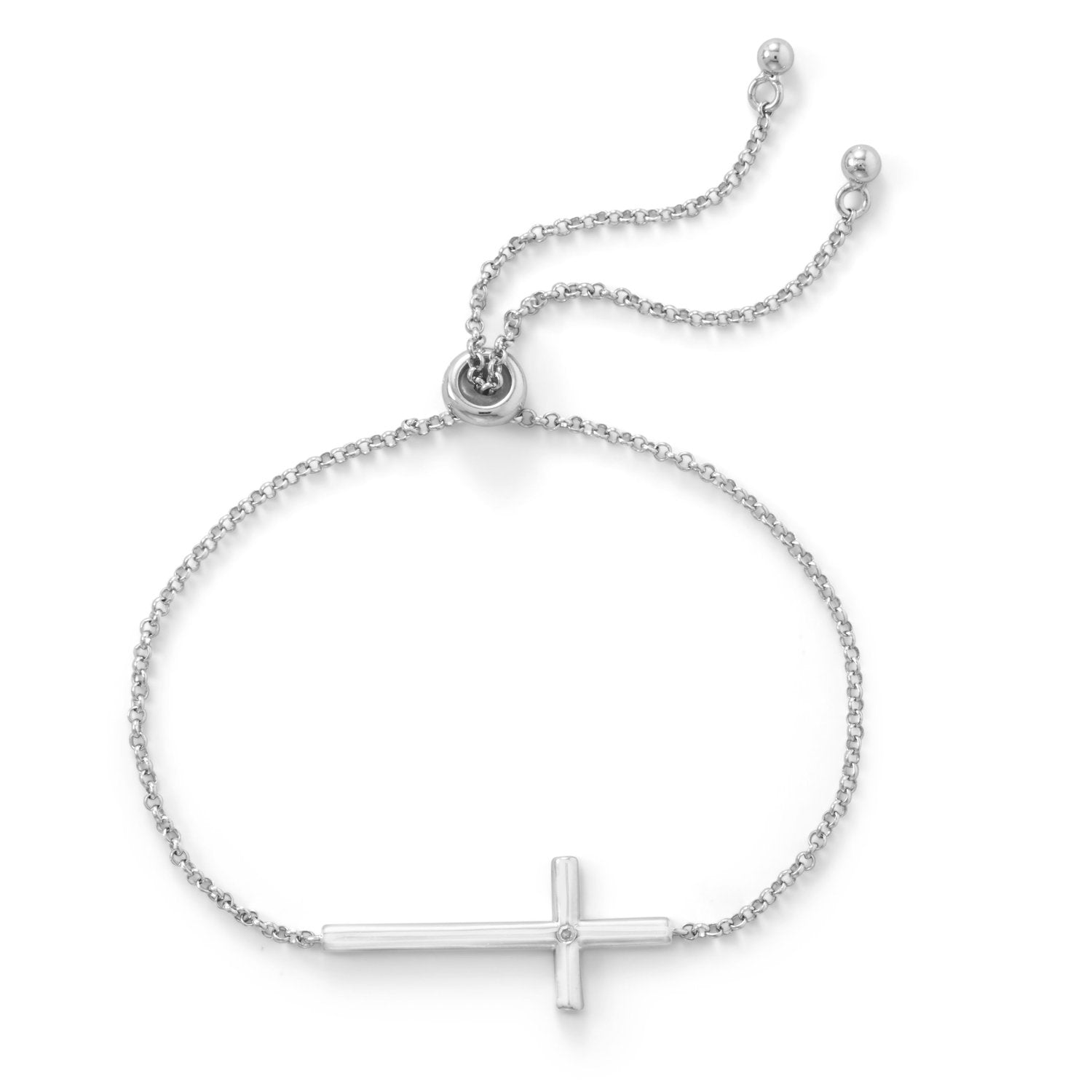 Rhodium Plated Sideways Cross Bolo Bracelet with Diamond - Joyeria Lady