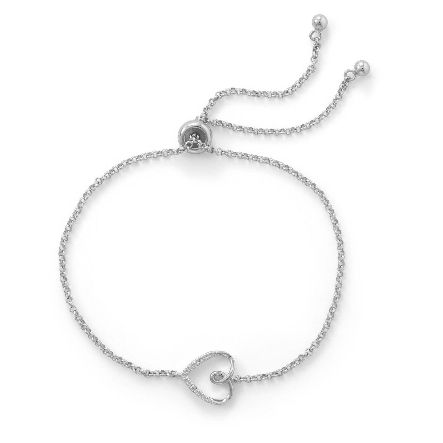 Rhodium Plated Sideways Heart Bolo Bracelet with Diamonds - Joyeria Lady