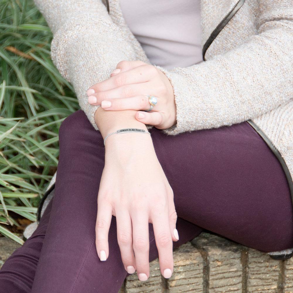 Rhodium Plated "Always in my Heart" Bar Bolo Bracelet with Diamond - Joyeria Lady