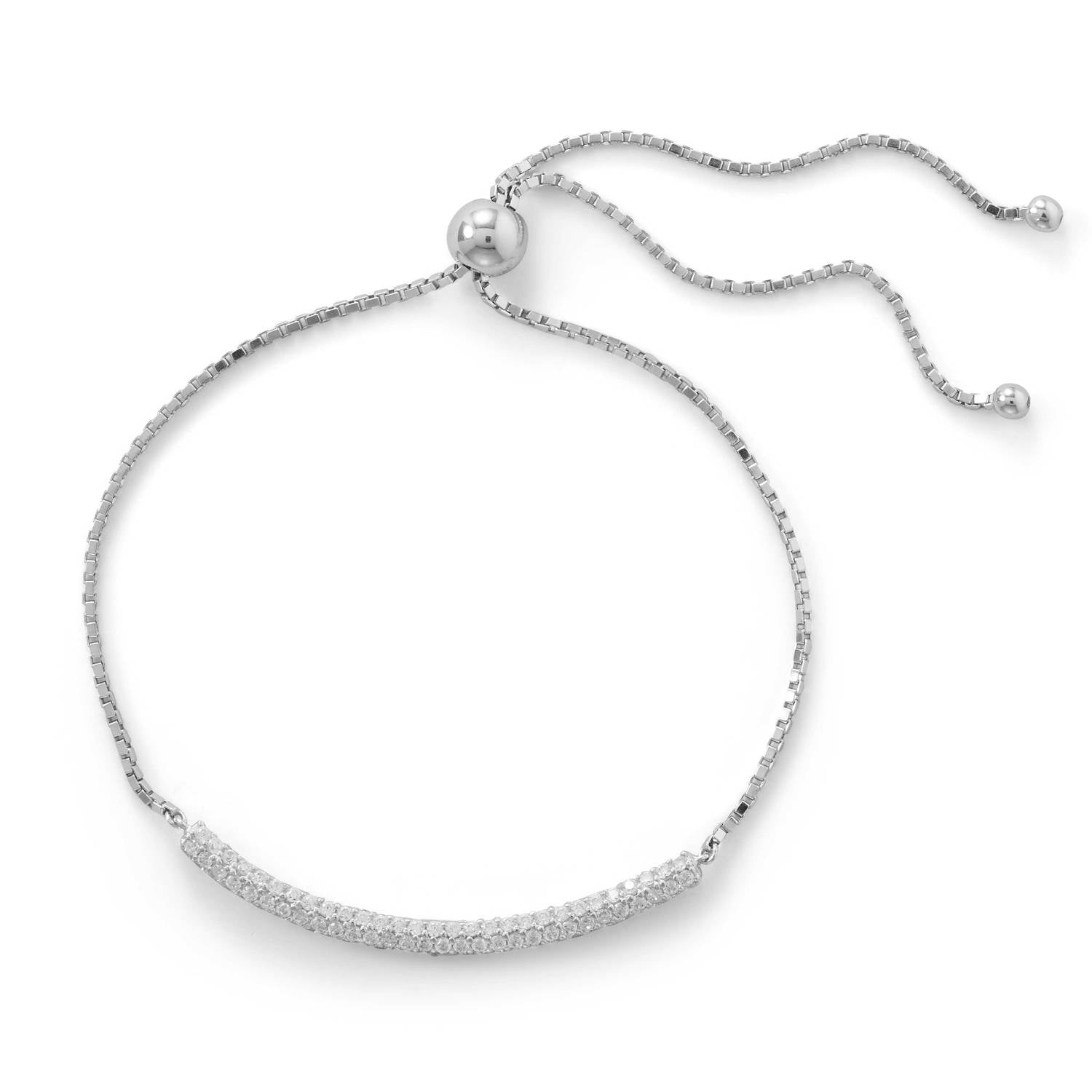 Rhodium Plated Pave CZ Bar Bolo Bracelet - Joyeria Lady