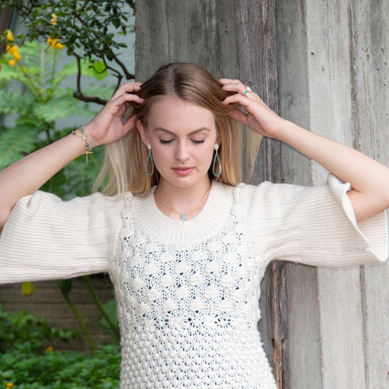 14 Karat Gold Plated Rainbow Moonstone and Turquoise Chip Post Earrings - Joyeria Lady