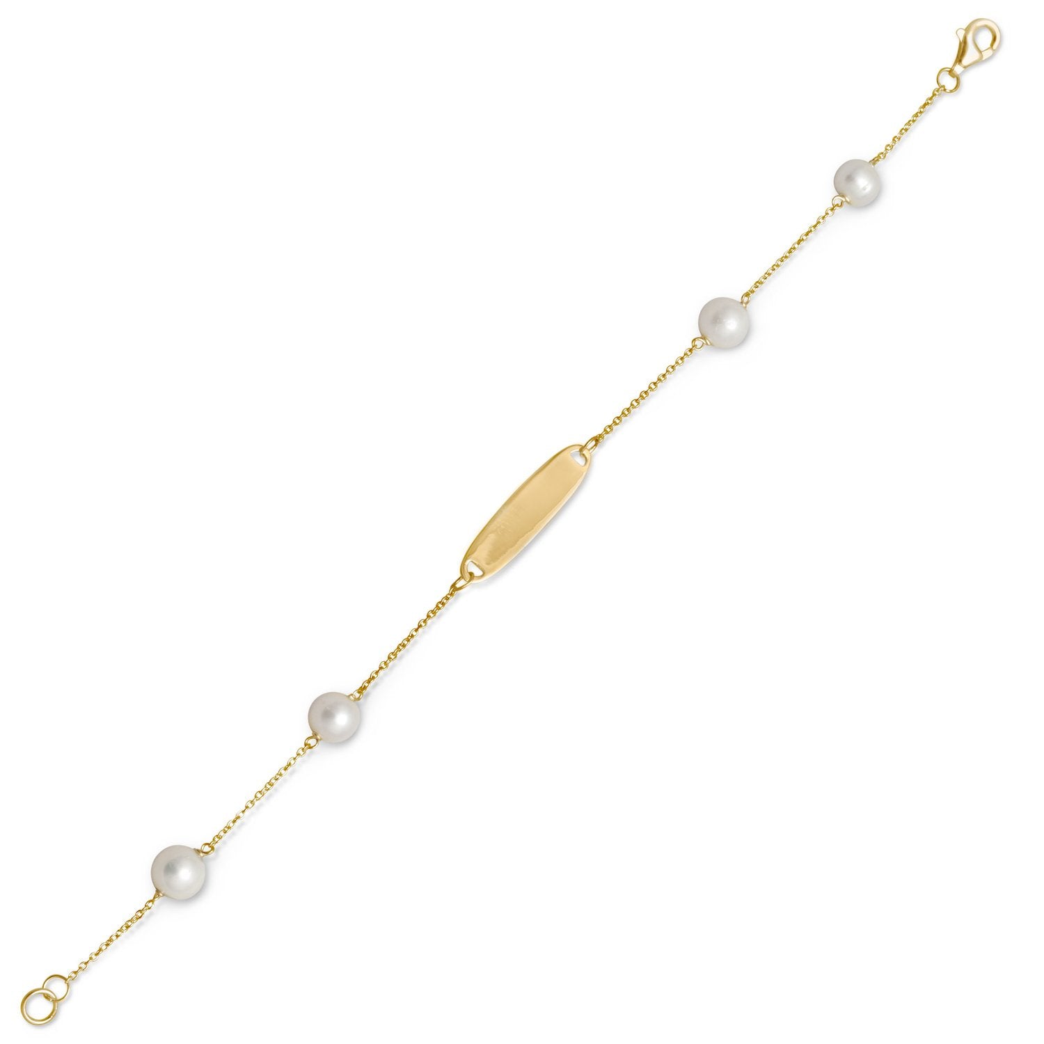 14 Karat Gold Plated ID Bracelet with White Cultured Freshwater Pearls - Joyeria Lady
