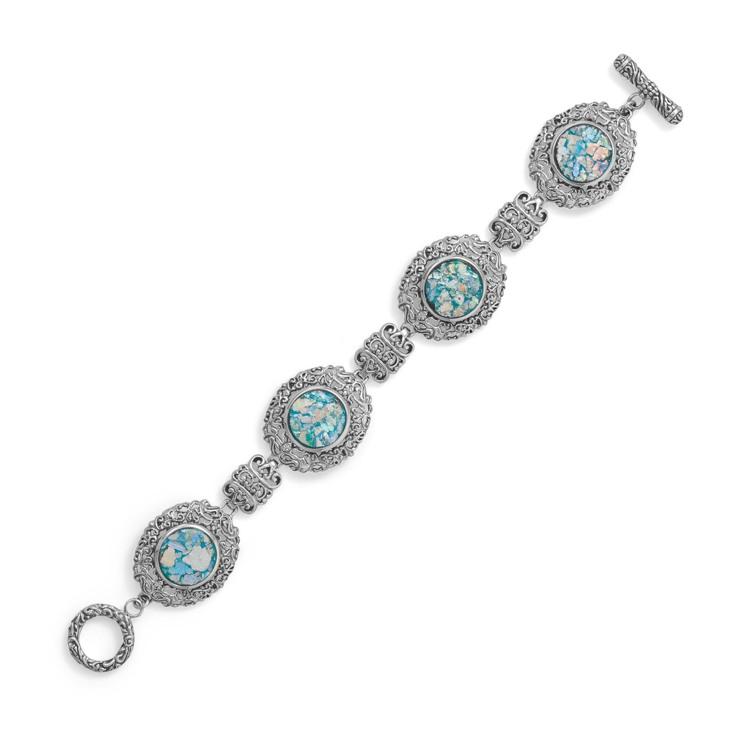 7.5" Ornate Roman Glass Toggle Bracelet - Joyeria Lady