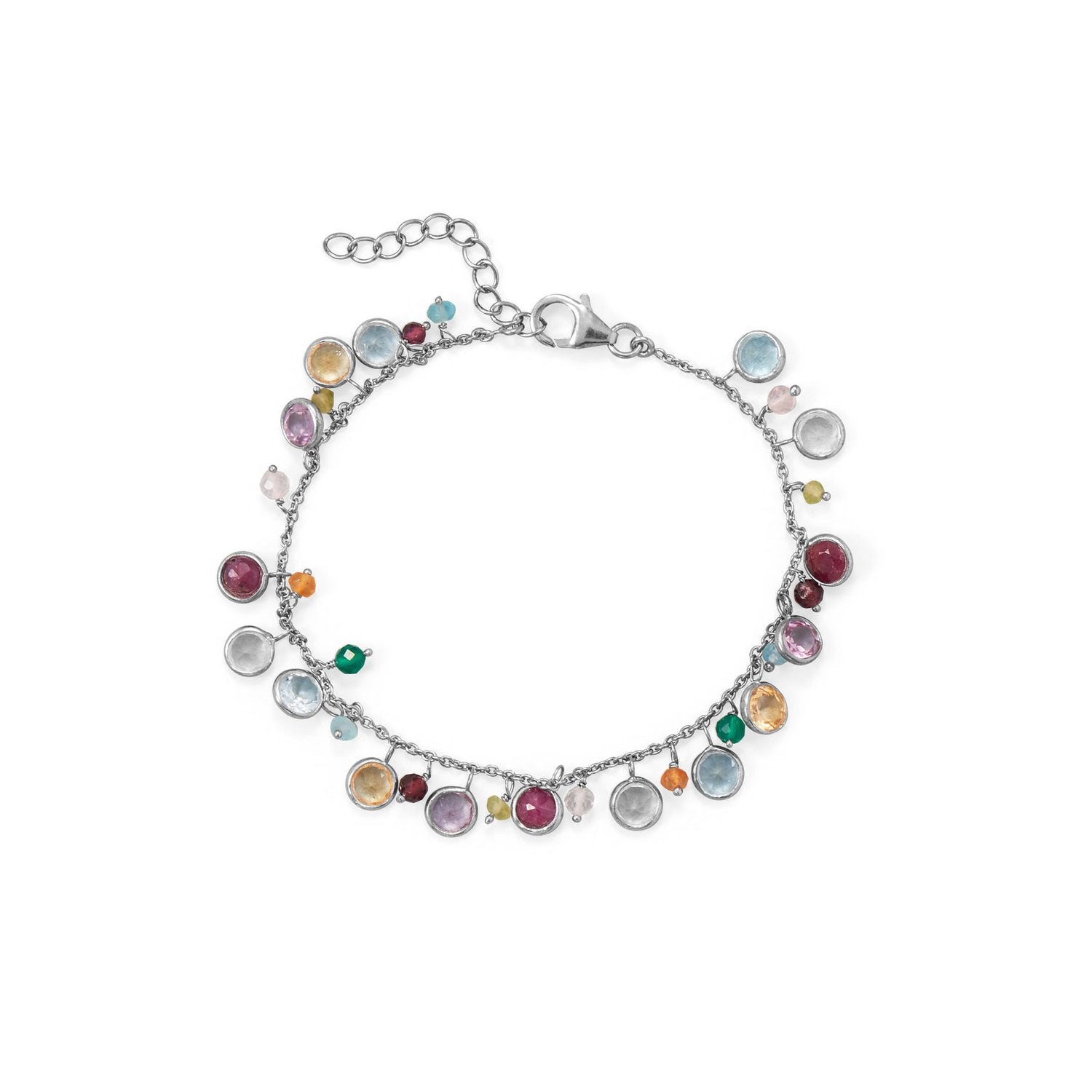 7"+1 Rhodium Plated Multi Stone Charm Bracelet - Joyeria Lady