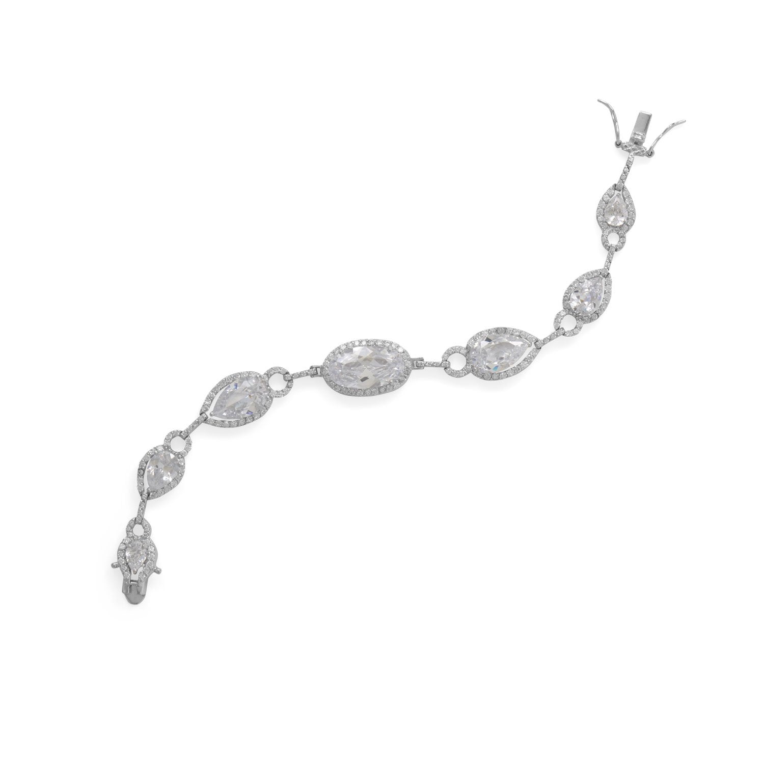 8" Rhodium Plated Pear and Oval CZ Bracelet - Joyeria Lady