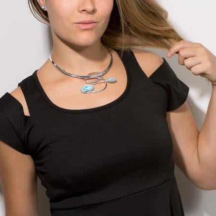 Rhodium Plated Larimar Stud Earrings - Joyeria Lady