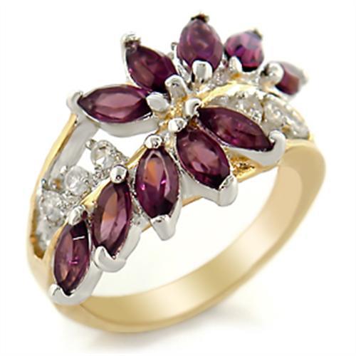 2W001 Gold+Rhodium Brass Ring with Top Grade Crystal in Amethyst - Joyeria Lady