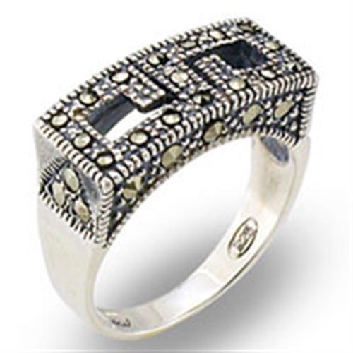 31002 - Antique Tone 925 Sterling Silver Ring with Semi-Precious Marcasite in Jet - Joyeria Lady