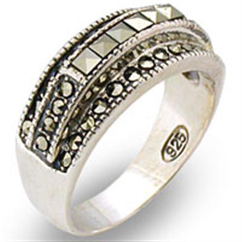 31011 - Antique Tone 925 Sterling Silver Ring with Semi-Precious Marcasite in Jet - Joyeria Lady
