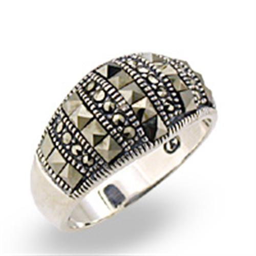 32306 - Antique Tone 925 Sterling Silver Ring with Semi-Precious Marcasite in Jet - Joyeria Lady
