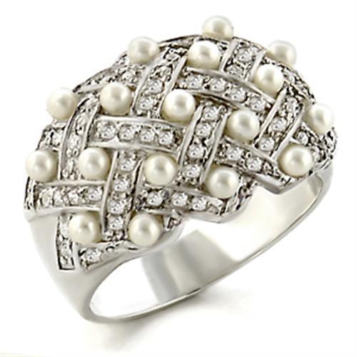 32819 - High-Polished 925 Sterling Silver Ring with Synthetic Pearl in White - Joyeria Lady