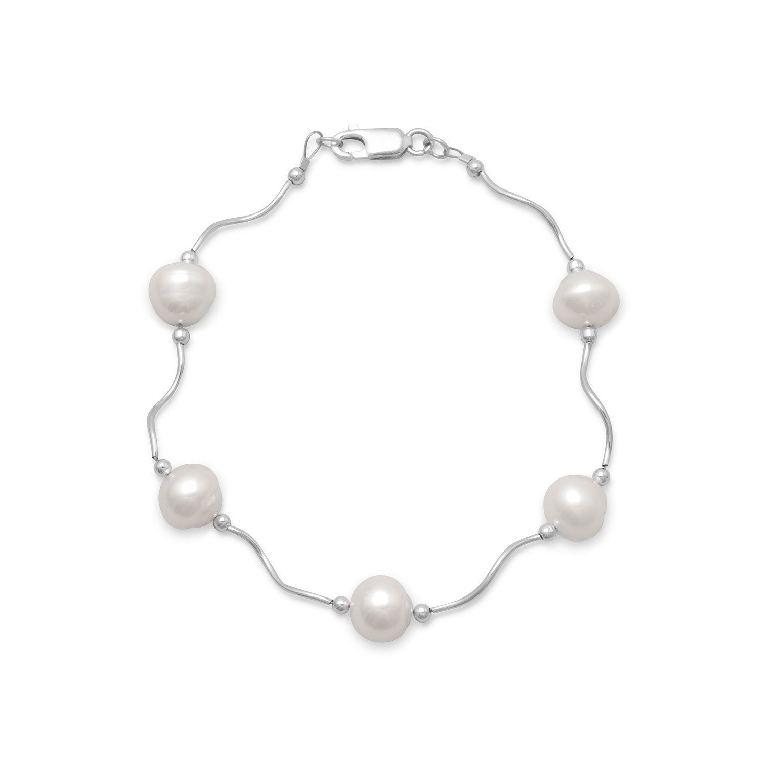 8" Wave Design Bracelet with Cultured Freshwater Pearls - Joyeria Lady