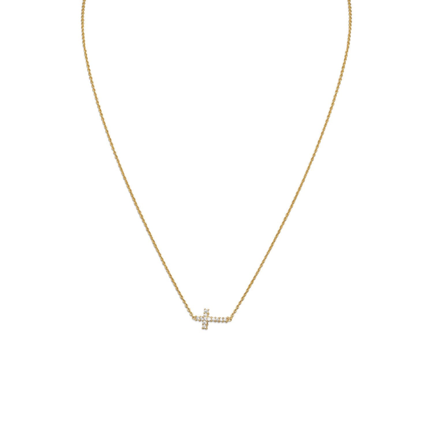 16" 14 Karat Gold Plated Necklace with Sideways CZ Cross - Joyeria Lady