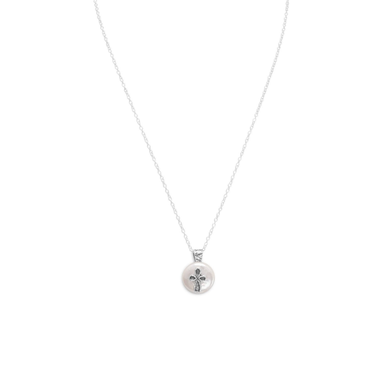 17.5" Cultured Freshwater Pearl with Cross Design Necklace - Joyeria Lady