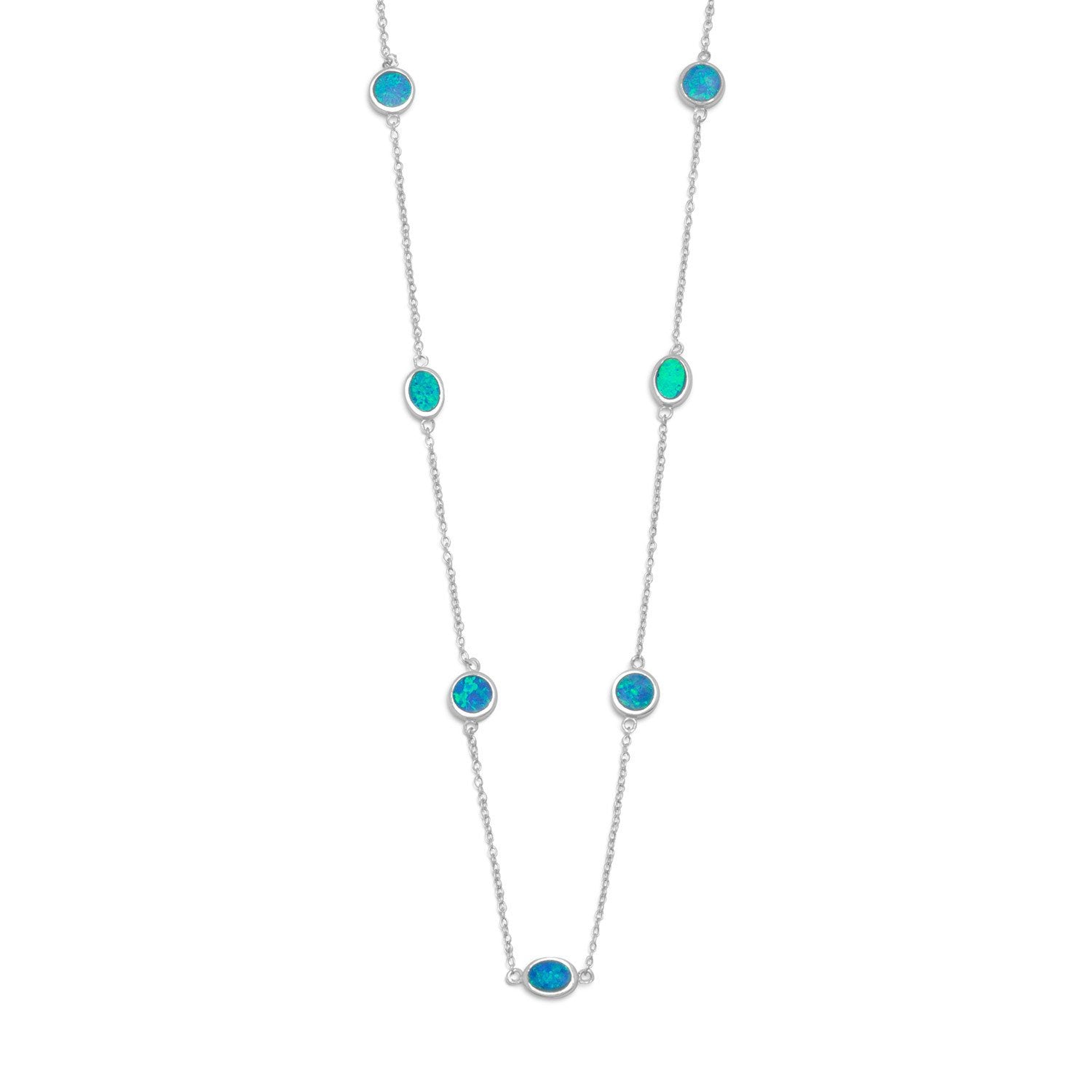 16" + 2" Rhodium Plated Synthetic Blue Opal Necklace - Joyeria Lady