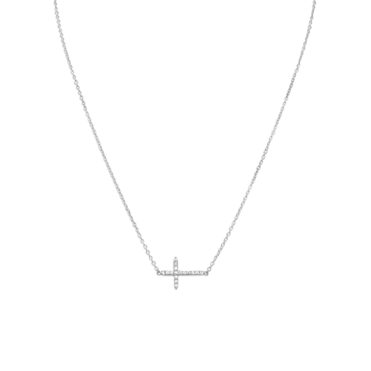 16" + 2" Rhodium Plated CZ Sideways Cross Necklace - Joyeria Lady