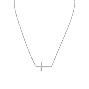 16" + 2" Rhodium Plated Polished Sideways Cross Necklace - Joyeria Lady