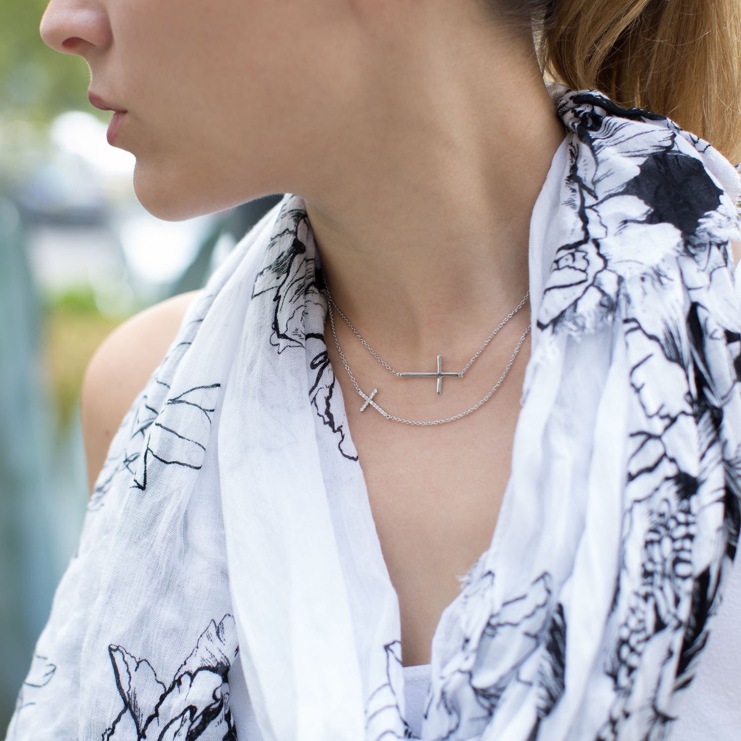 16" + 2" Rhodium Plated Polished Sideways Cross Necklace - Joyeria Lady