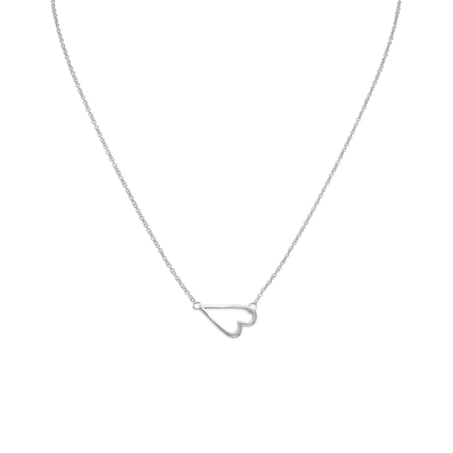 16" + 2" Rhodium Plated Sideways Heart Necklace - Joyeria Lady