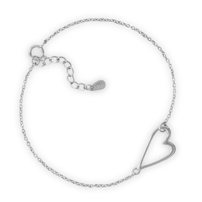 7" + 1" Rhodium Plated Sideways Heart Bracelet - Joyeria Lady