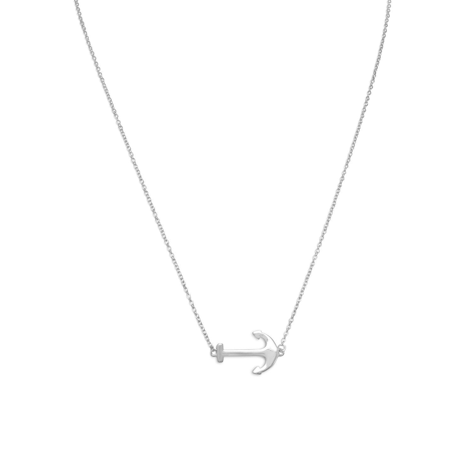16" + 2" Rhodium Plated Sideways Anchor Necklace - Joyeria Lady