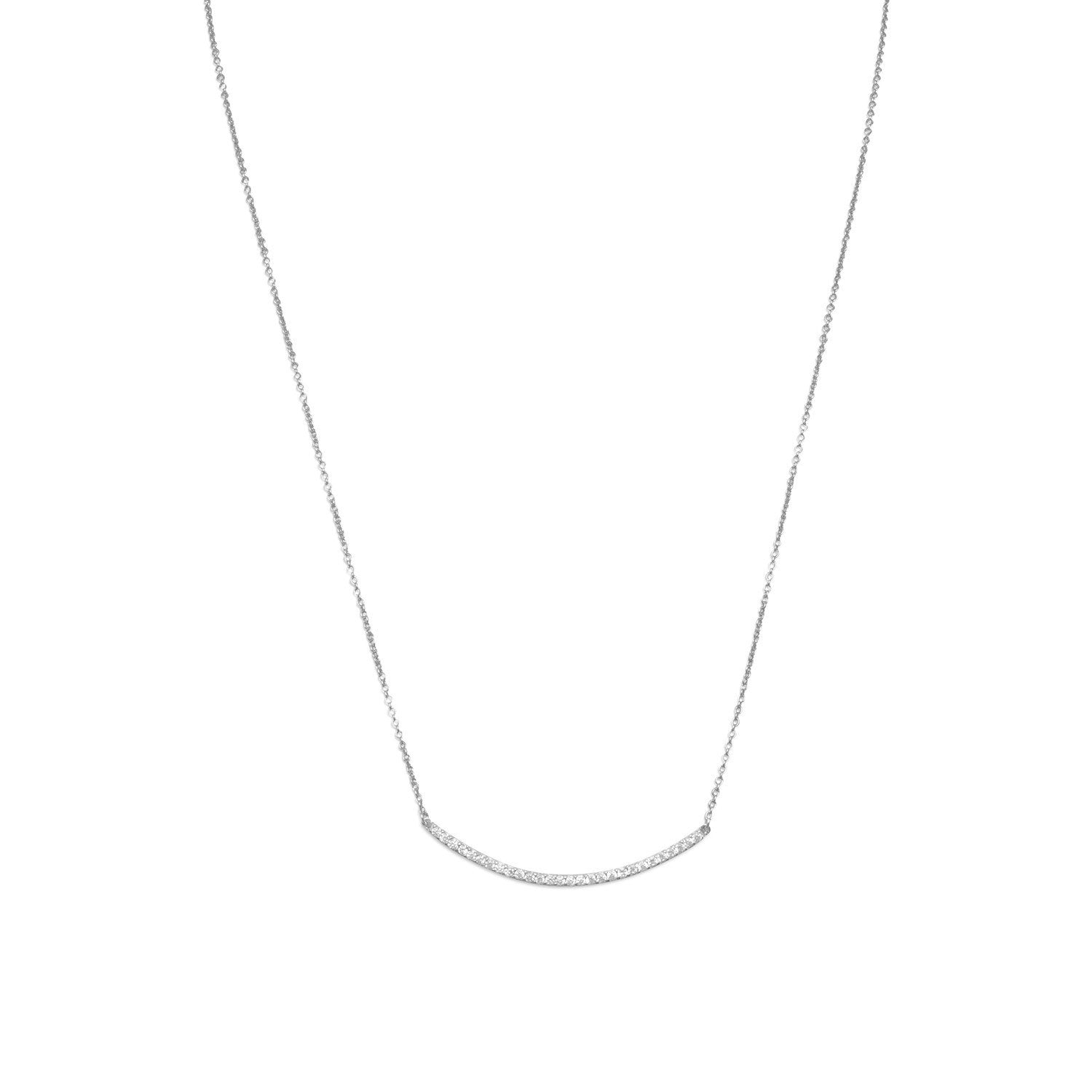 18" + 2" Rhodium Plated Curved CZ Bar Necklace - Joyeria Lady