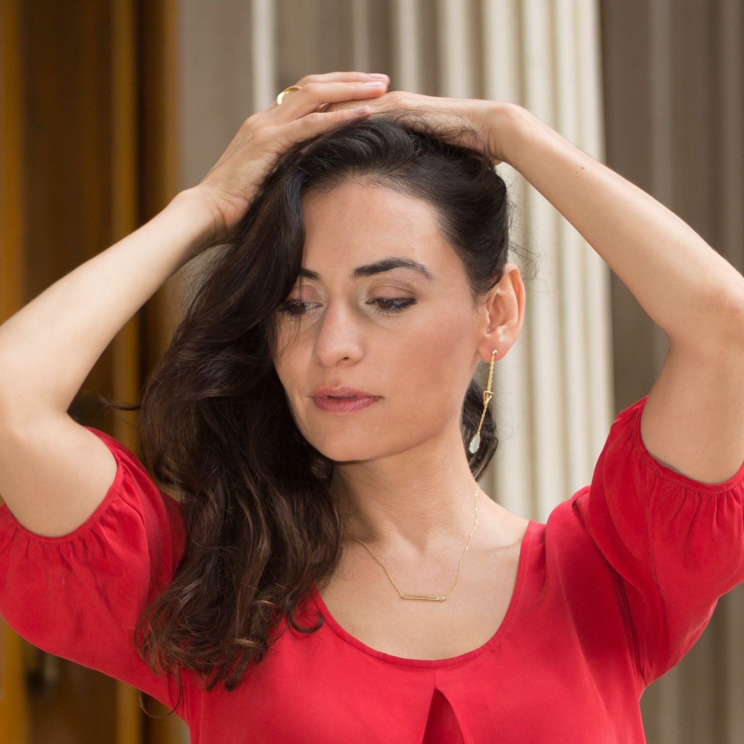 18" 14 Karat Gold Plated Bar Necklace with CZ - Joyeria Lady