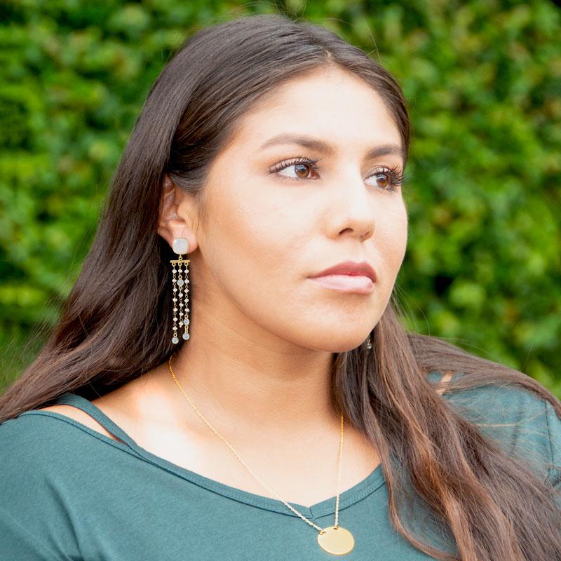 14 Karat Gold Plated Rainbow Moonstone Post Earrings - Joyeria Lady