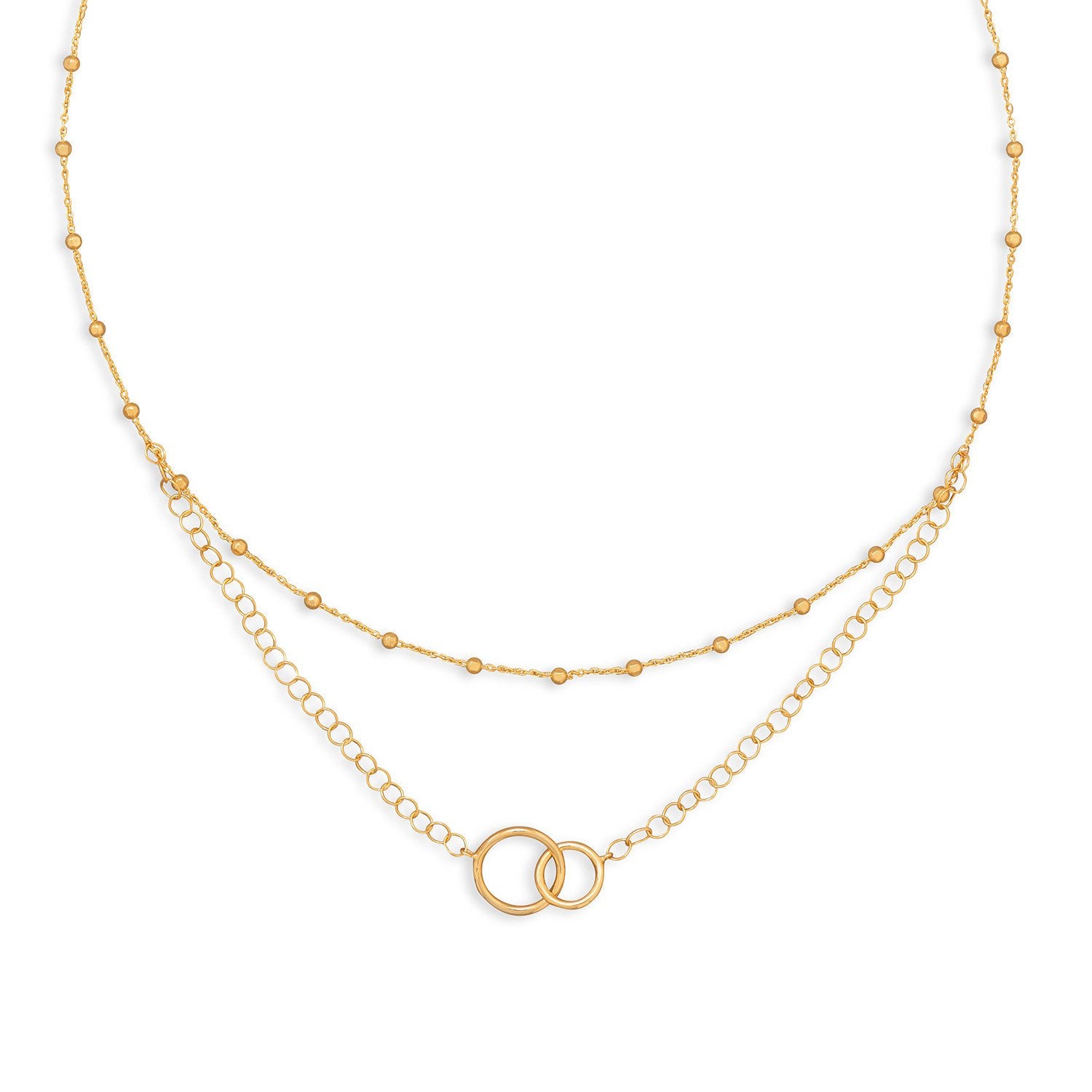 16" 14 Karat Gold Plated Multistrand Beaded Necklace with Circle Link - Joyeria Lady