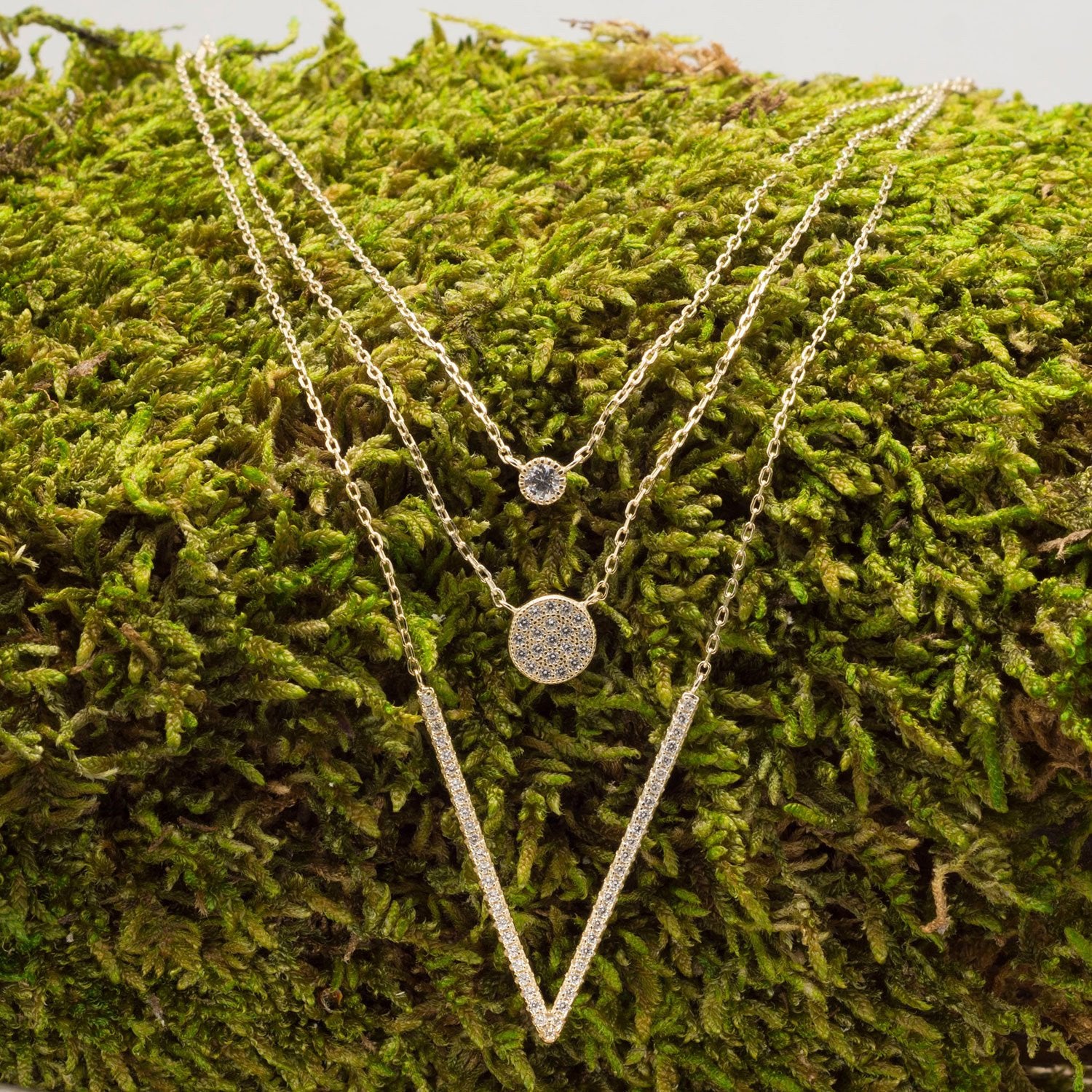 14 Karat Gold Plated Triple Strand Necklace with CZs - Joyeria Lady