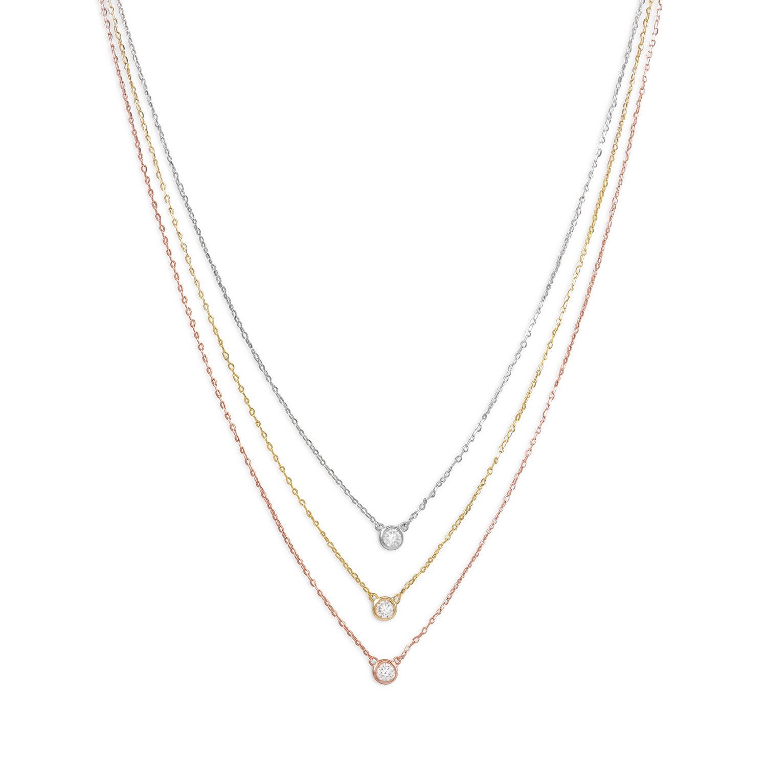 Graduated Tri Tone Necklace with CZs - Joyeria Lady