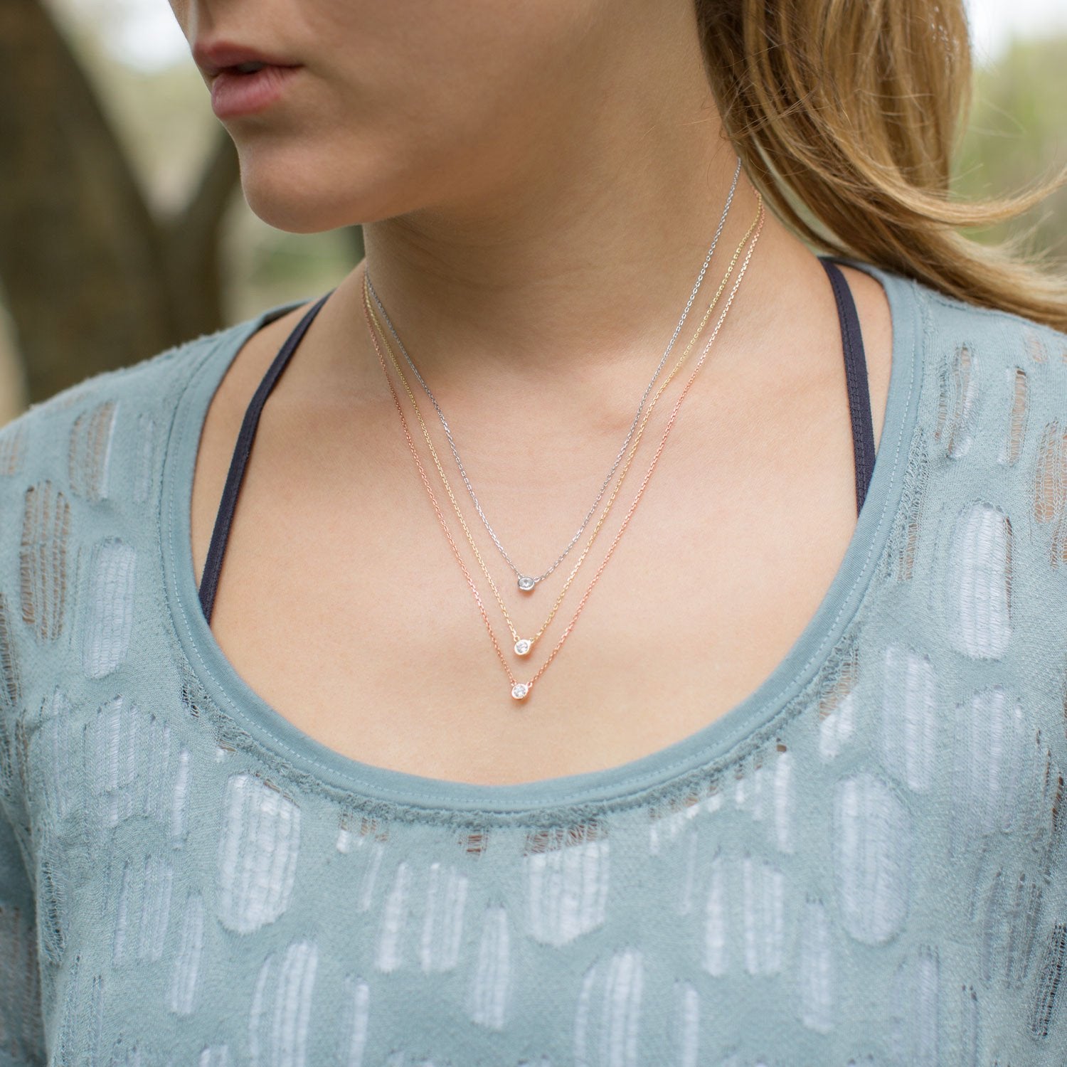 Graduated Tri Tone Necklace with CZs - Joyeria Lady