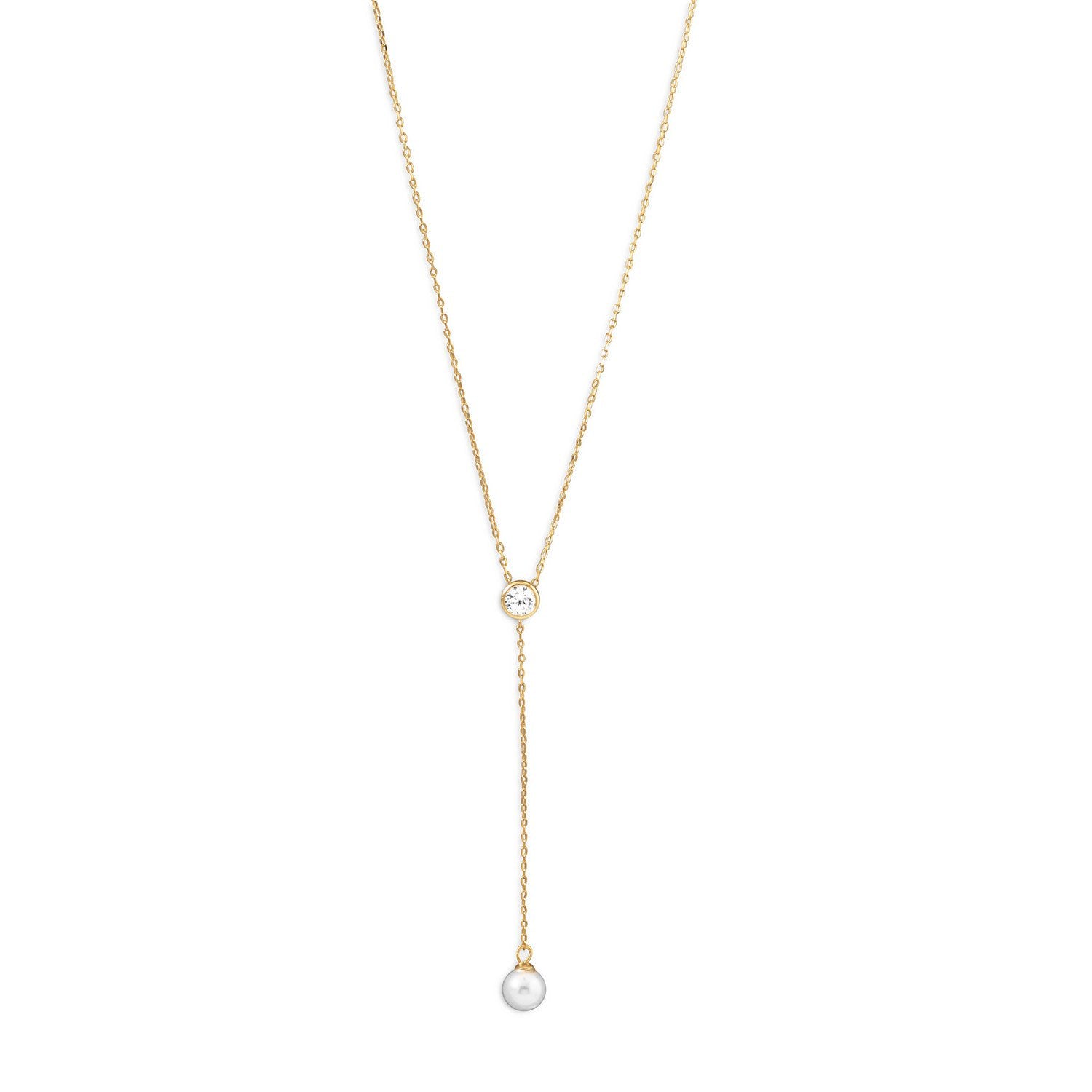 14 Karat Gold Plated Necklace with CZ and Imitation Pearl Drop - Joyeria Lady