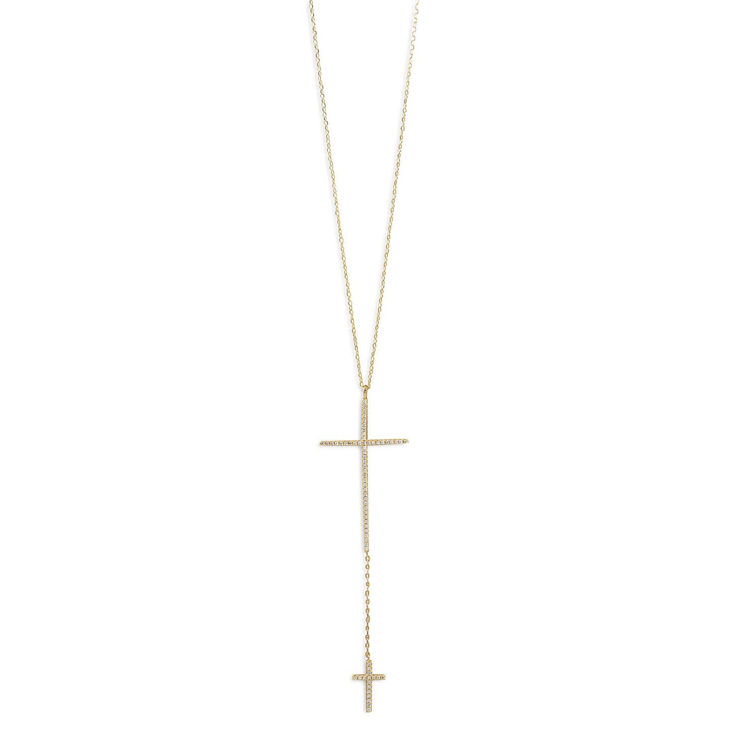 14 Karat Gold Plated Necklace with Double CZ Cross Drop - Joyeria Lady