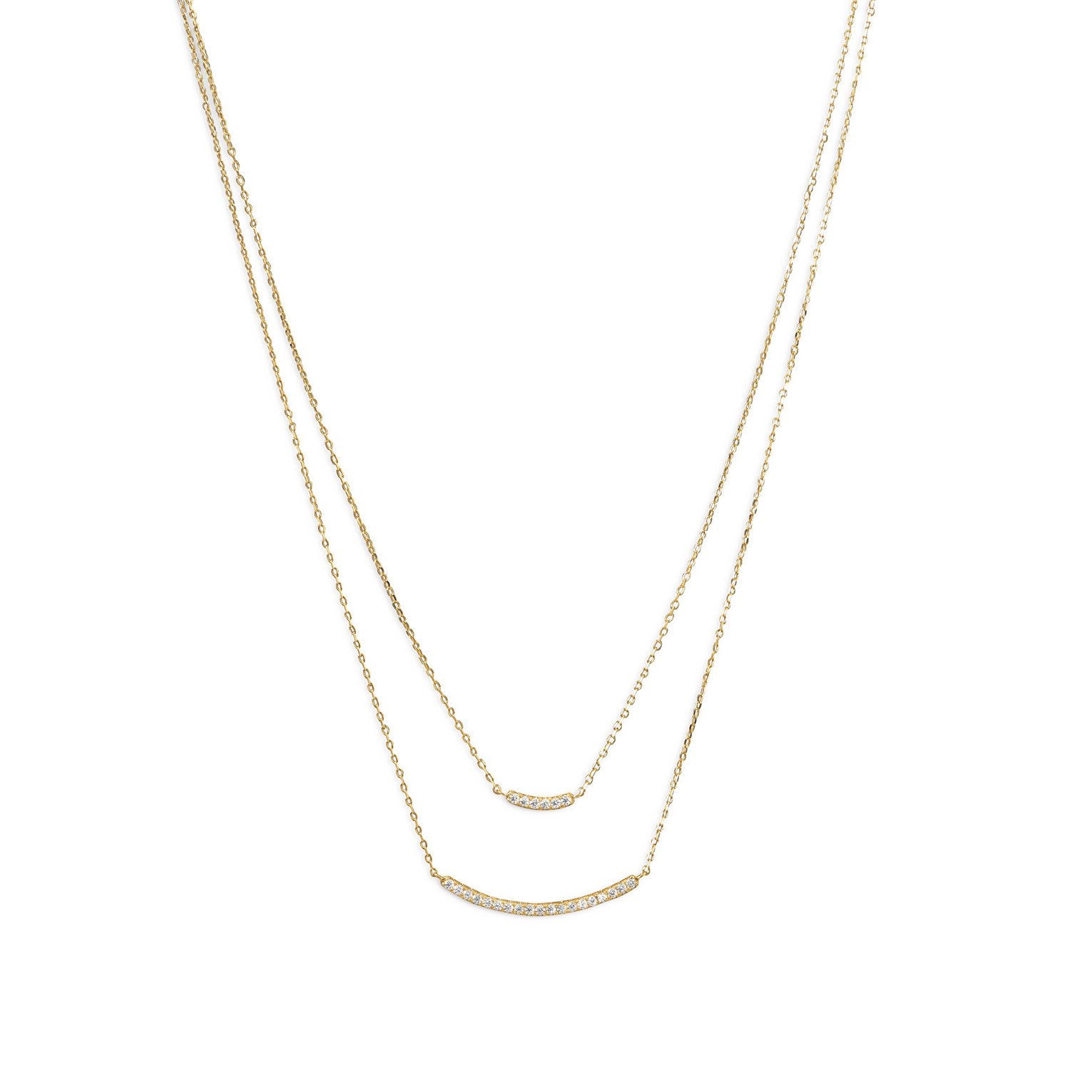 14 Karat Gold Plated Double Strand Curved CZ Bar Necklace - Joyeria Lady
