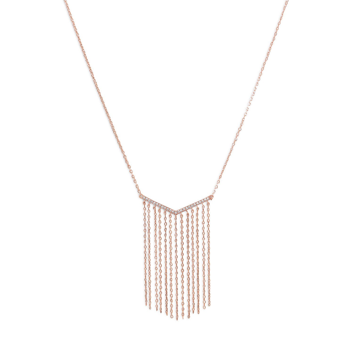 14 Karat Rose Gold Plated "V" Tassel Drop Necklace - Joyeria Lady