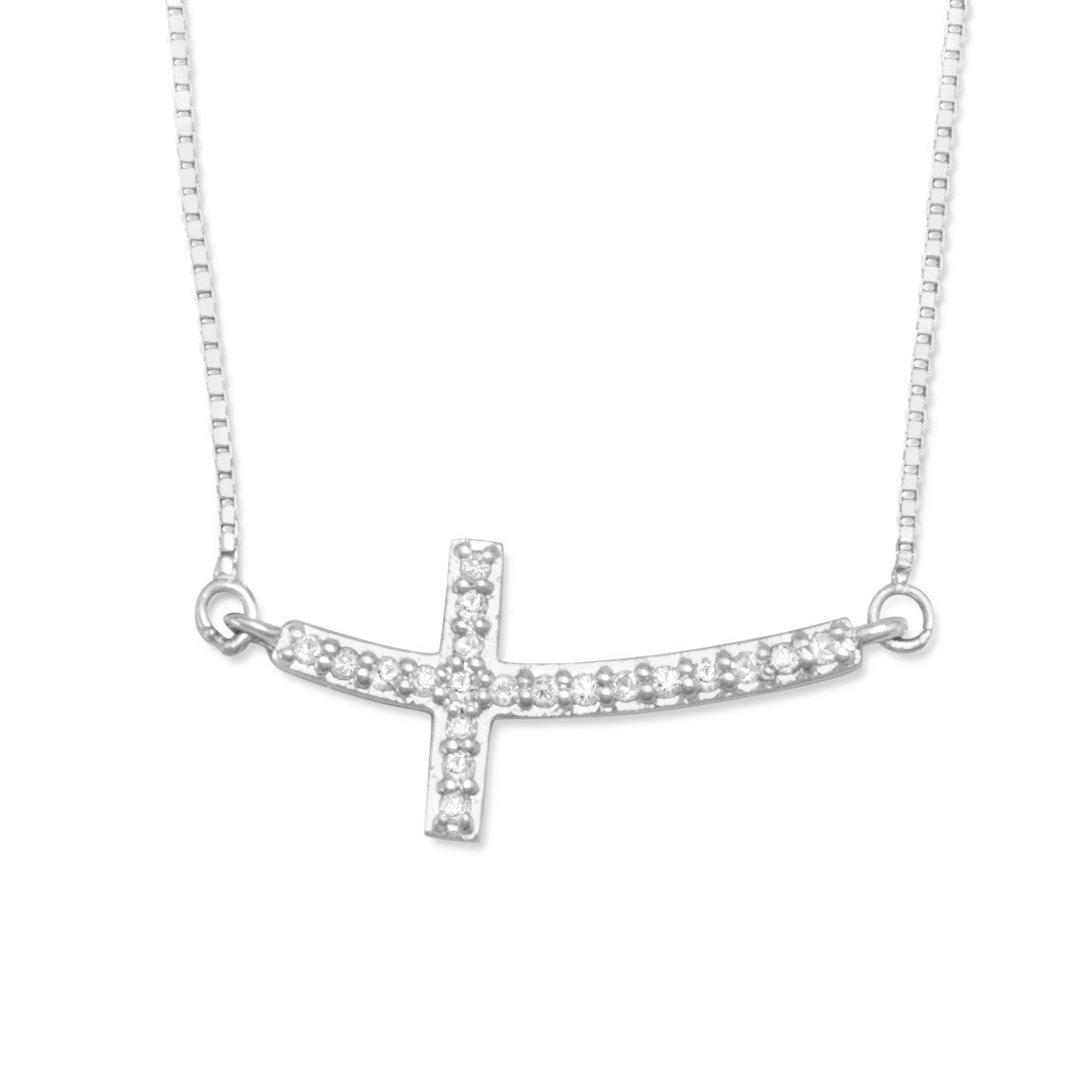 Rhodium Plated Sideways Cross Necklace with Diamonds - Joyeria Lady